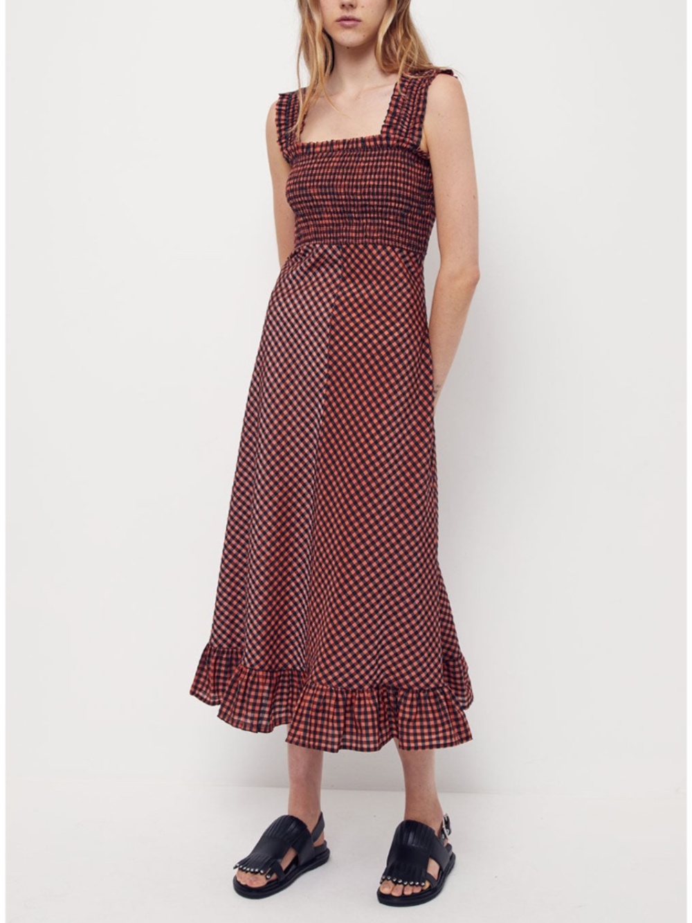 NEW Ganni Seersucker Check Dress Flame 40 - Picture 9 of 17